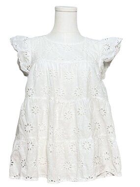 White Cotton Eyelet Lace Short Sleeve Lined Tiered Ruffle Boho Top S